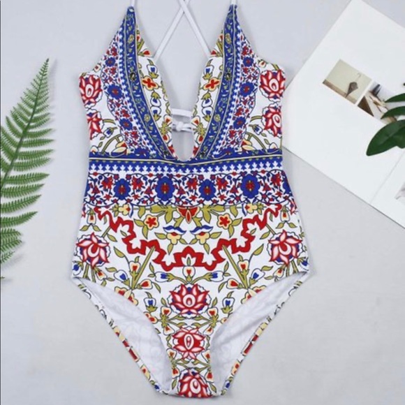 Yellow Floral Plunging-Front One-Piece - Picture 2 of 4